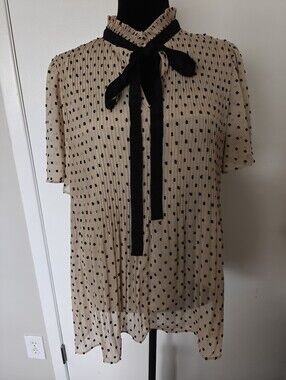 Max Studio Polkadot Blouse Pleated  L Large Beige Black EUC